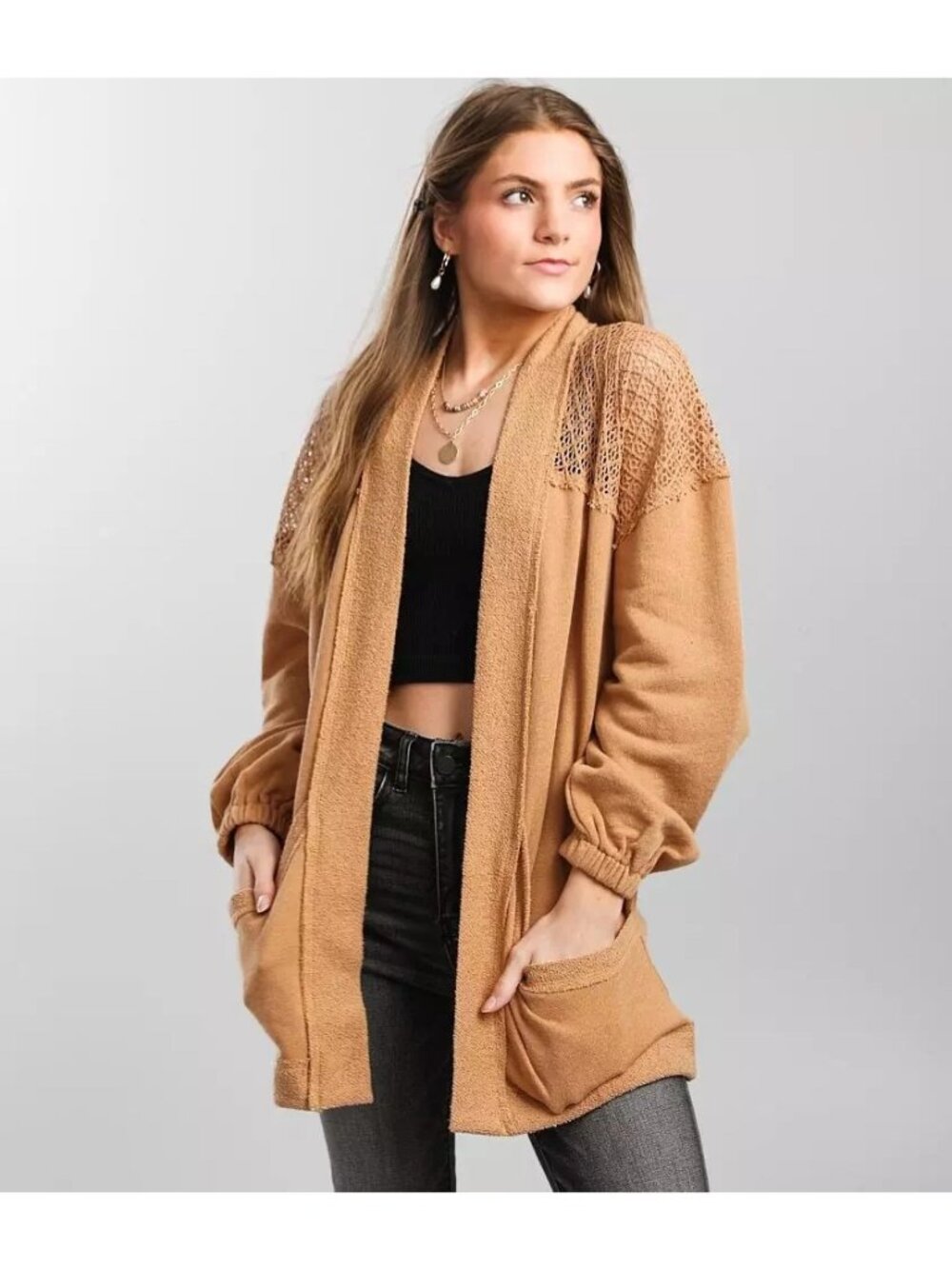 Daytrip Cardigan Medium Crochet Raw Edge Open Front Doe Tan Neutral Cozy Relaxed